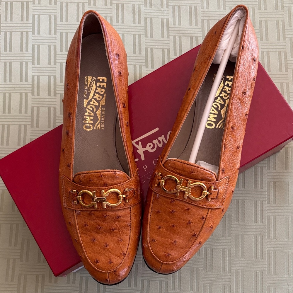 Salvatore Ferragamo Chestnut Ostrich Leather Loafers